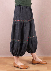 Elegant Denim Blue Elastic Waist Oriental Embroideried Patchwork Cotton Lantern Pants Summer nz-CPTS220519
