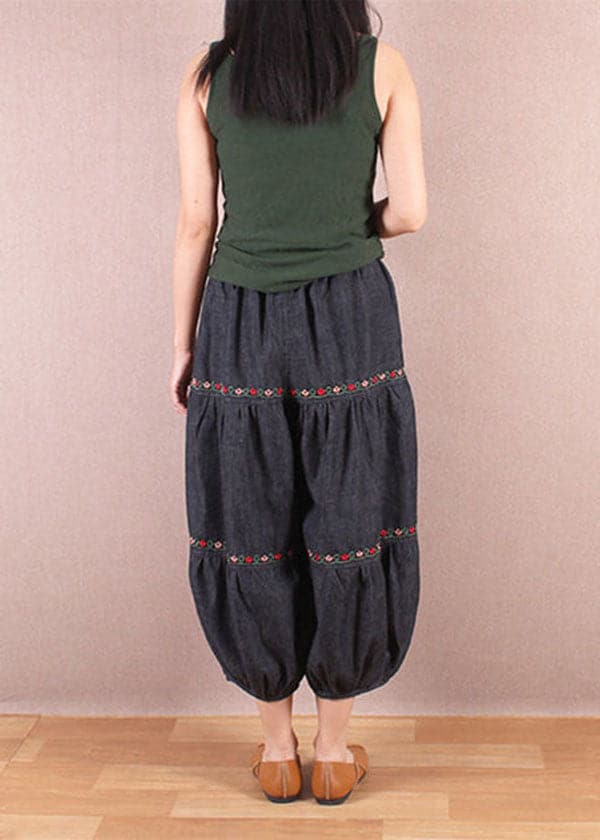 Elegant Denim Blue Elastic Waist Oriental Embroideried Patchwork Cotton Lantern Pants Summer nz-CPTS220519