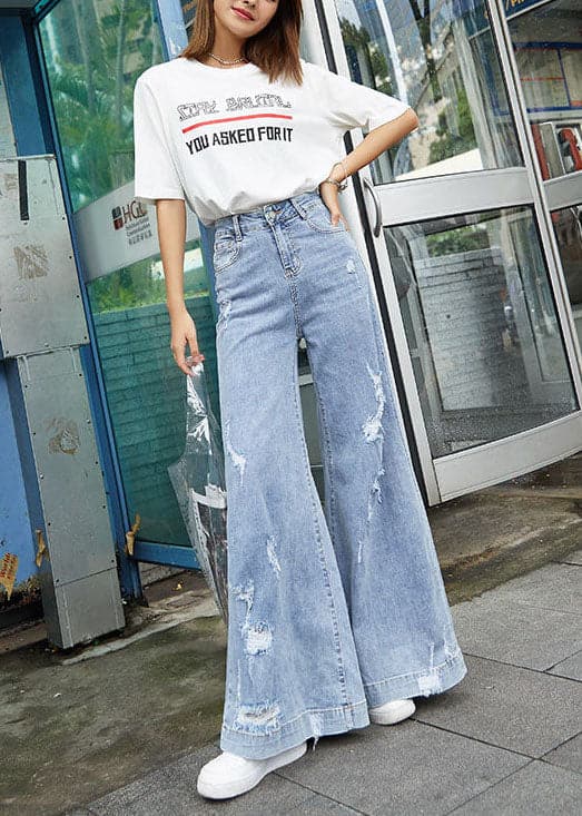 Elegant Denim Blue High Waist Pockets Hole Cotton Wide Leg Pants Summer NZ-LPTS220715
