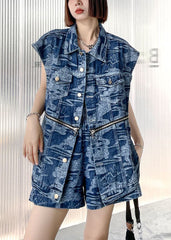 Elegant Denim Blue Loose Button zippered Print Fall Two Piece Set Women Clothing Sleeveless AT-VTP210930