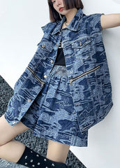 Elegant Denim Blue Loose Button zippered Print Fall Two Piece Set Women Clothing Sleeveless AT-VTP210930