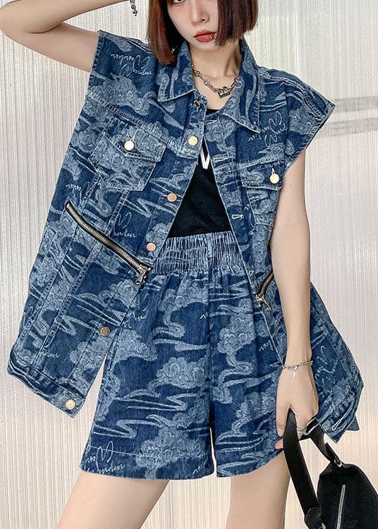 Elegant Denim Blue Loose Button zippered Print Fall Two Piece Set Women Clothing Sleeveless AT-VTP210930