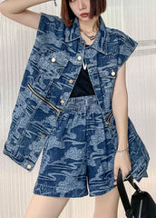 Elegant Denim Blue Loose Button zippered Print Fall Two Piece Set Women Clothing Sleeveless AT-VTP210930