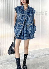 Elegant Denim Blue Loose Button zippered Print Fall Two Piece Set Women Clothing Sleeveless AT-VTP210930