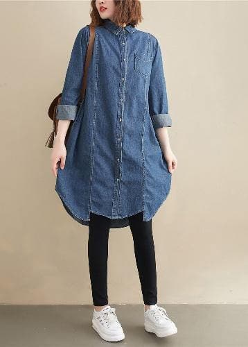 Elegant Lapel Patchwork Top Pattern Denim Blue Top CDG2101041