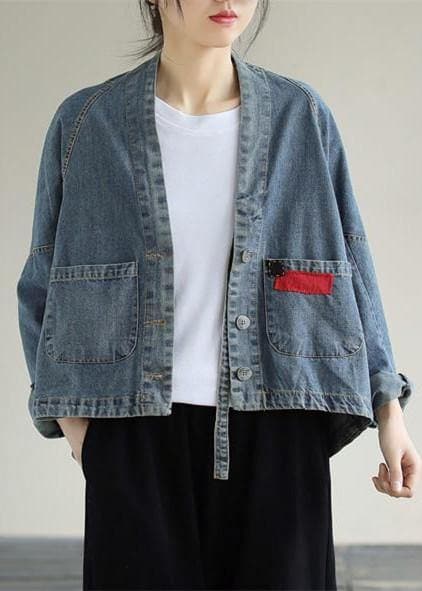 Elegant V Neck Button Down Spring Clothes Fashion Ideas Denim Blue Coats CTS210115