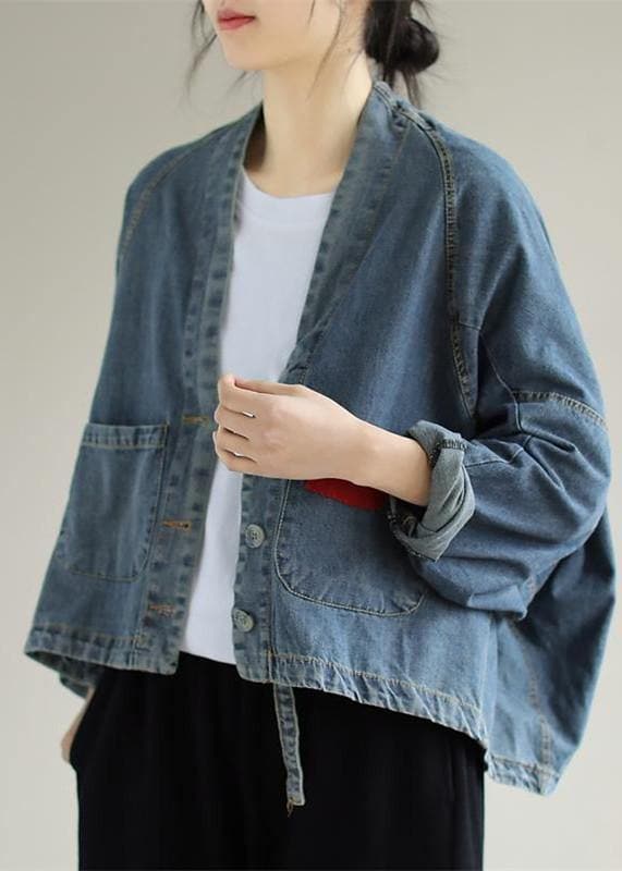 Elegant V Neck Button Down Spring Clothes Fashion Ideas Denim Blue Coats CTS210115
