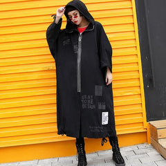 Elegant black Coats plus size hooded Coat Fashion zippered drawstring long jackets AT-TCT180917