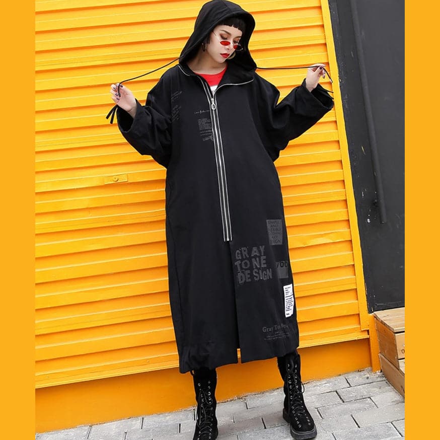 Elegant black Coats plus size hooded Coat Fashion zippered drawstring long jackets AT-TCT180917