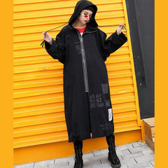 Elegant black Coats plus size hooded Coat Fashion zippered drawstring long jackets AT-TCT180917