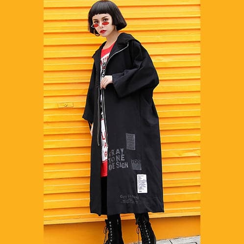 Elegant black Coats plus size hooded Coat Fashion zippered drawstring long jackets AT-TCT180917