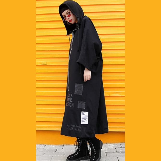 Elegant black Coats plus size hooded Coat Fashion zippered drawstring long jackets AT-TCT180917