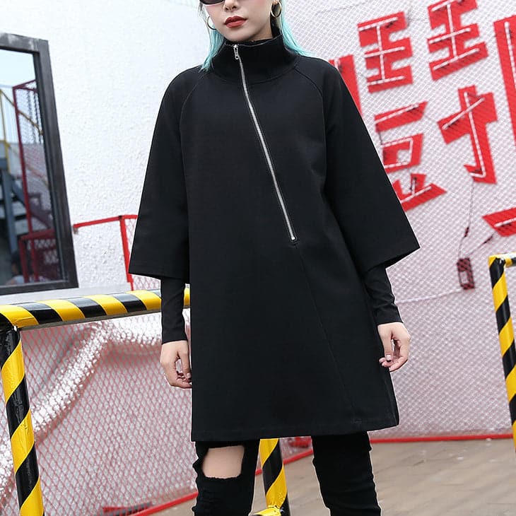 Elegant black cotton blended Midi-length t shirt oversized high neck t shirt 2018 zippered clothing t shirt AT-HTP180917