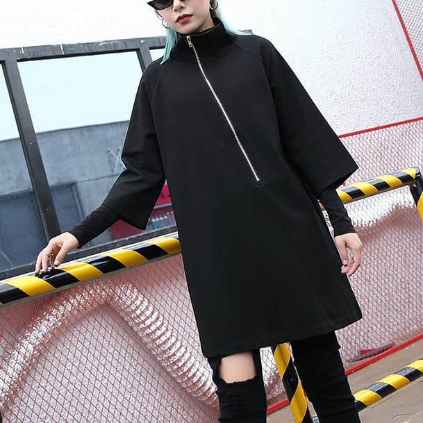 Elegant black cotton blended Midi-length t shirt oversized high neck t shirt 2018 zippered clothing t shirt AT-HTP180917