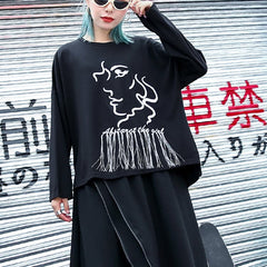 Elegant black t shirt oversize o neck embroider fabric cotton blended t shirt casual tassel baggy t shirt AT-LTP180917