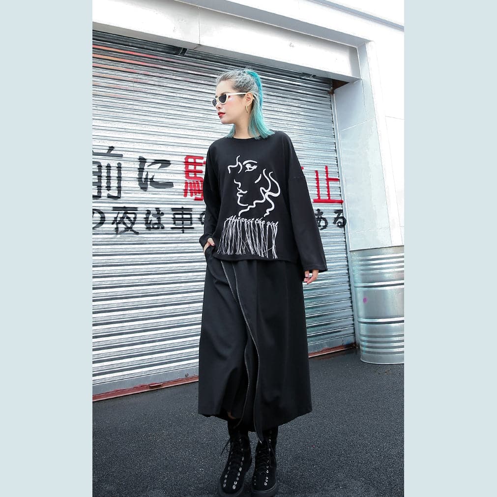 Elegant black t shirt oversize o neck embroider fabric cotton blended t shirt casual tassel baggy t shirt AT-LTP180917