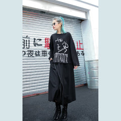 Elegant black t shirt oversize o neck embroider fabric cotton blended t shirt casual tassel baggy t shirt AT-LTP180917