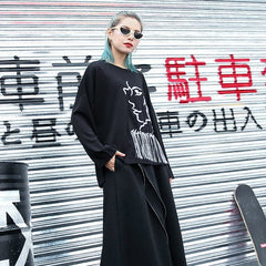 Elegant black t shirt oversize o neck embroider fabric cotton blended t shirt casual tassel baggy t shirt AT-LTP180917