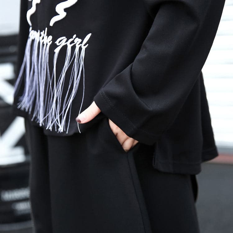 Elegant black t shirt oversize o neck embroider fabric cotton blended t shirt casual tassel baggy t shirt AT-LTP180917