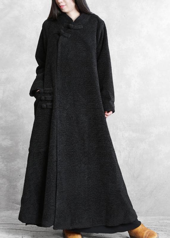 Elegant black woolen outwear plus size clothing stand collar asymmetric long coat TCT201110