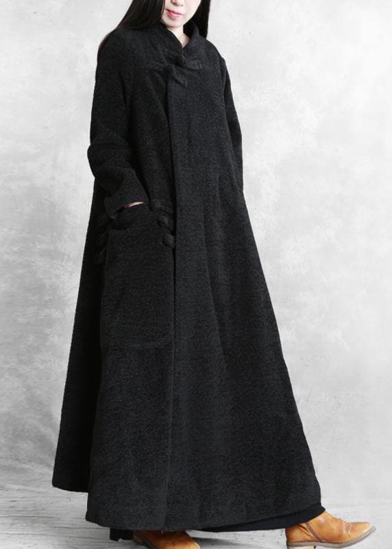 Elegant black woolen outwear plus size clothing stand collar asymmetric long coat TCT201110