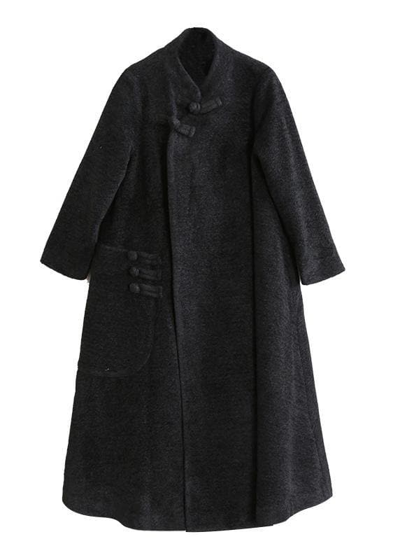 Elegant black woolen outwear plus size clothing stand collar asymmetric long coat TCT201110