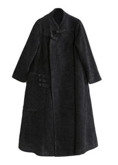 Elegant black woolen outwear plus size clothing stand collar asymmetric long coat TCT201110