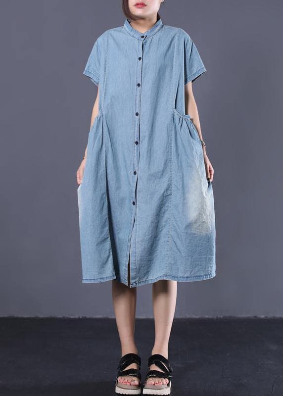 Elegant denim blue cotton clothes Women Cinched pockets long summer Dresses WG-SDM190711