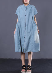 Elegant denim blue cotton clothes Women Cinched pockets long summer Dresses WG-SDM190711