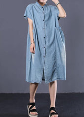 Elegant denim blue cotton clothes Women Cinched pockets long summer Dresses WG-SDM190711