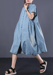 Elegant denim blue cotton clothes Women Cinched pockets long summer Dresses WG-SDM190711