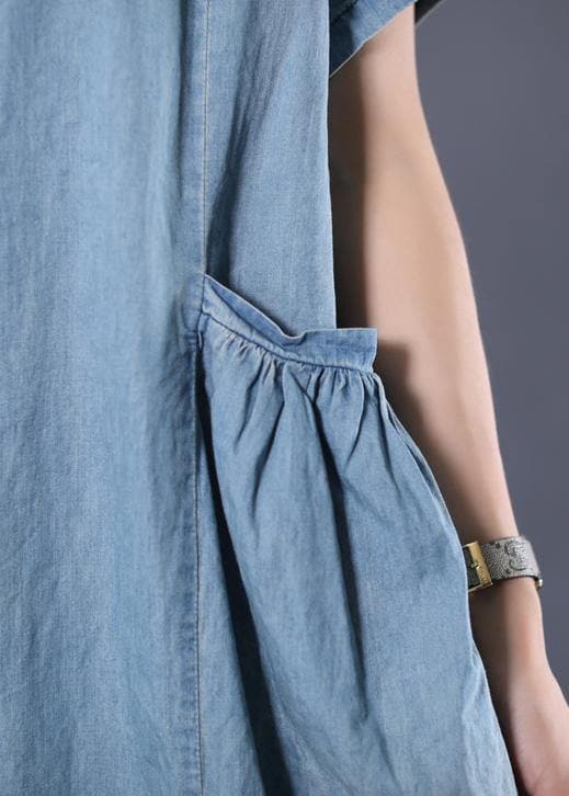 Elegant denim blue cotton clothes Women Cinched pockets long summer Dresses WG-SDM190711