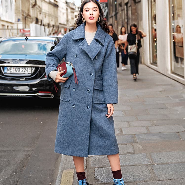 Elegant gray blue Wool Coat plus size Notched Fashion pockets double breasted Wool Coat TCT181016