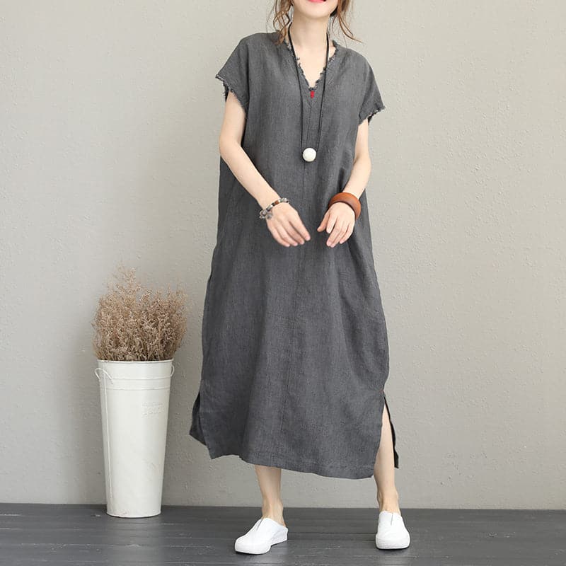 Elegant gray cotton dress trendy plus size v neck caftans 2018 side open kaftans SDL180727