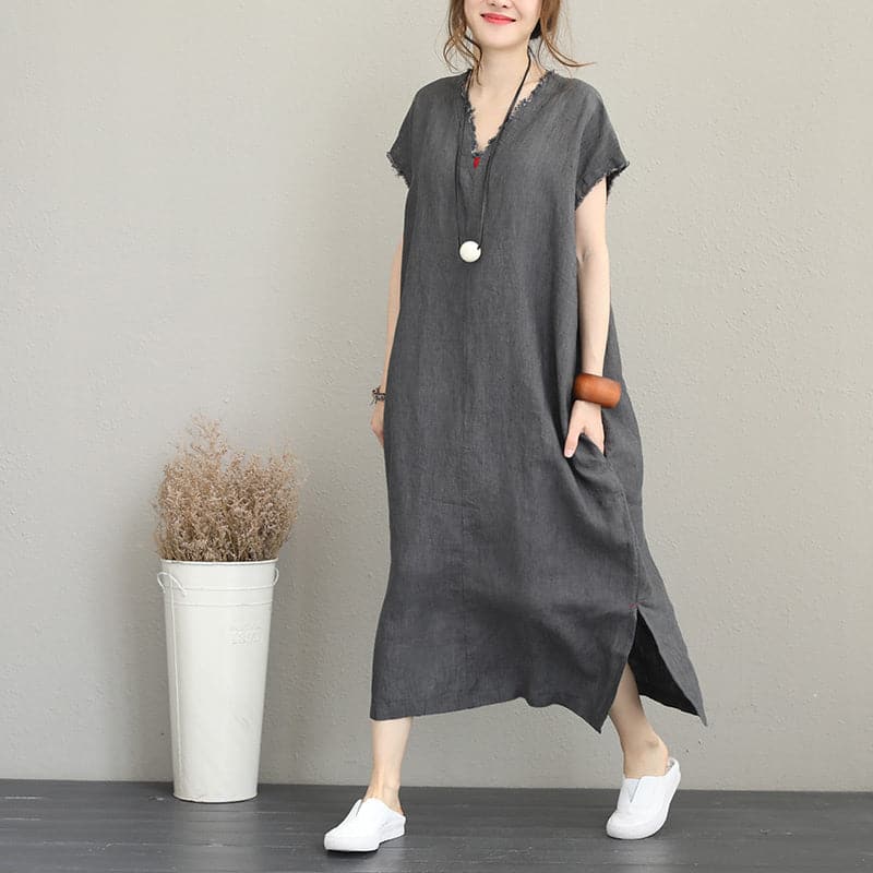 Elegant gray cotton dress trendy plus size v neck caftans 2018 side open kaftans SDL180727