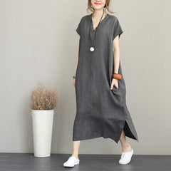 Elegant gray cotton dress trendy plus size v neck caftans 2018 side open kaftans SDL180727