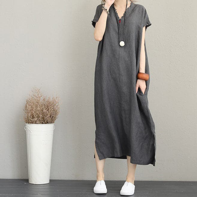 Elegant gray cotton dress trendy plus size v neck caftans 2018 side open kaftans SDL180727