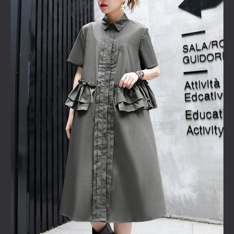 Elegant gray green cotton knee dress oversize traveling clothing 2018 lapel collar ruffles cotton clothing dresses AT-SDM180417