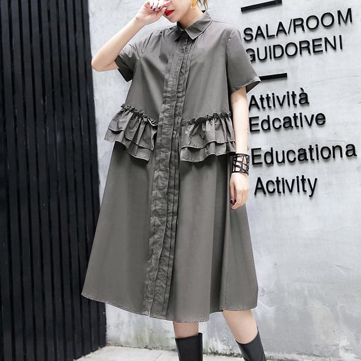 Elegant gray green cotton knee dress oversize traveling clothing 2018 lapel collar ruffles cotton clothing dresses AT-SDM180417