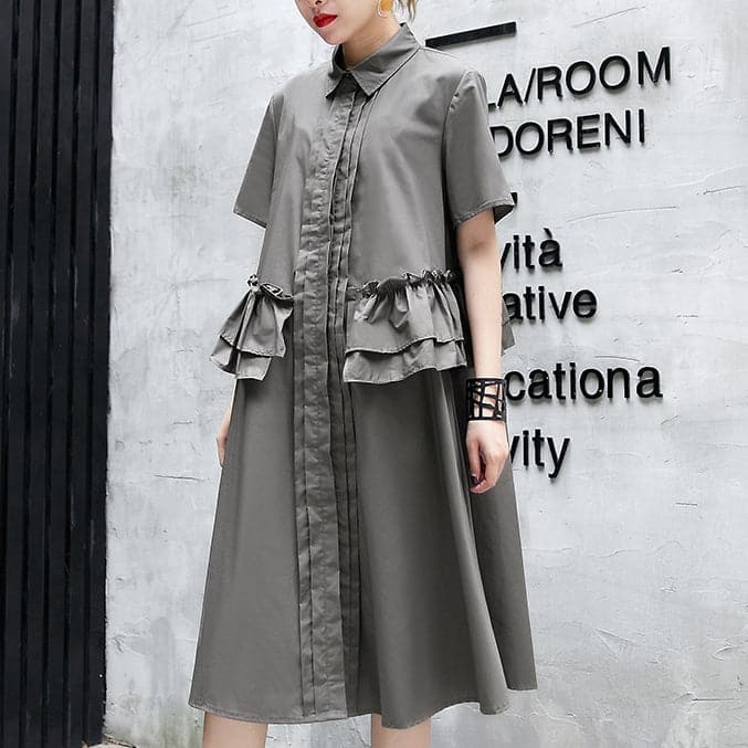 Elegant gray green cotton knee dress oversize traveling clothing 2018 lapel collar ruffles cotton clothing dresses AT-SDM180417