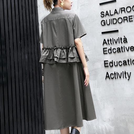 Elegant gray green cotton knee dress oversize traveling clothing 2018 lapel collar ruffles cotton clothing dresses AT-SDM180417