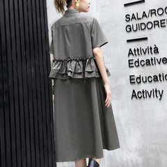 Elegant gray green cotton knee dress oversize traveling clothing 2018 lapel collar ruffles cotton clothing dresses AT-SDM180417