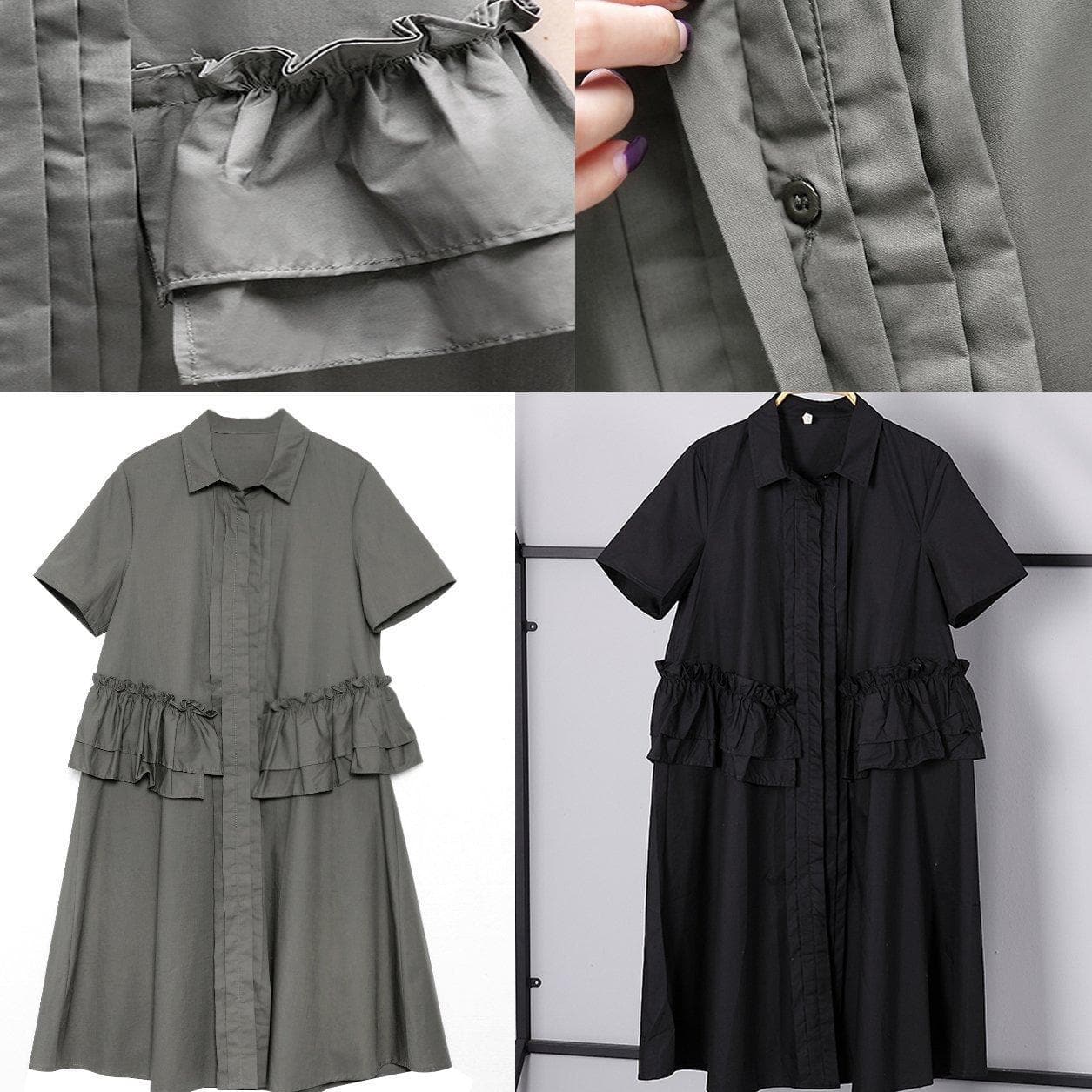 Elegant gray green cotton knee dress oversize traveling clothing 2018 lapel collar ruffles cotton clothing dresses AT-SDM180417
