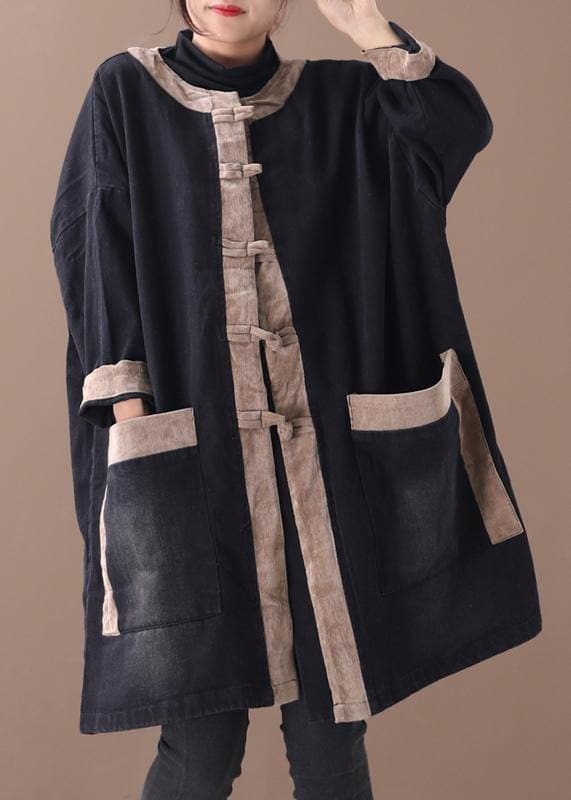 Elegant hooded Chinese Button Fashion clothes denim black patchwork khaki Plus Size Clothing coats WG-TCT191018