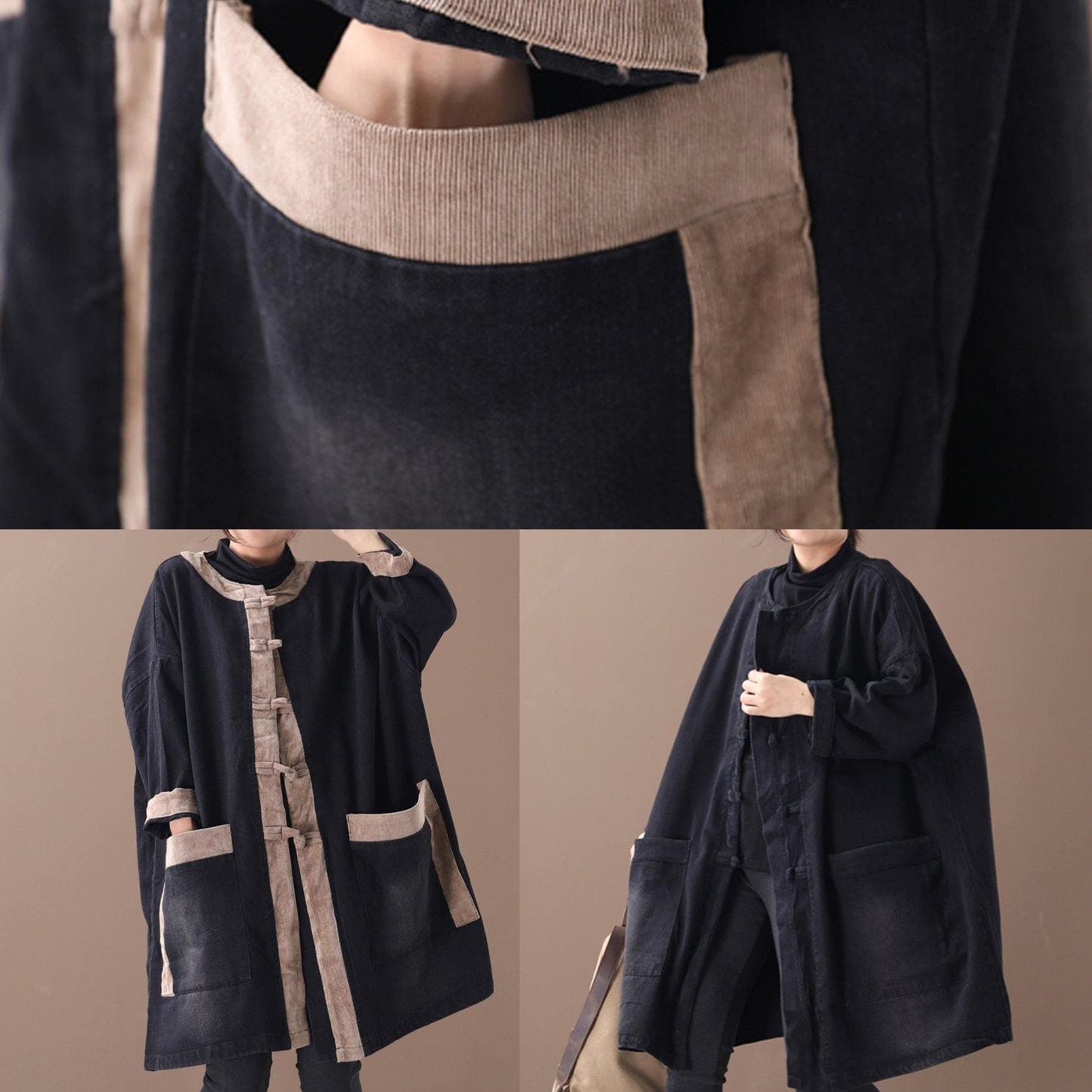Elegant hooded Chinese Button Fashion clothes denim black patchwork khaki Plus Size Clothing coats WG-TCT191018