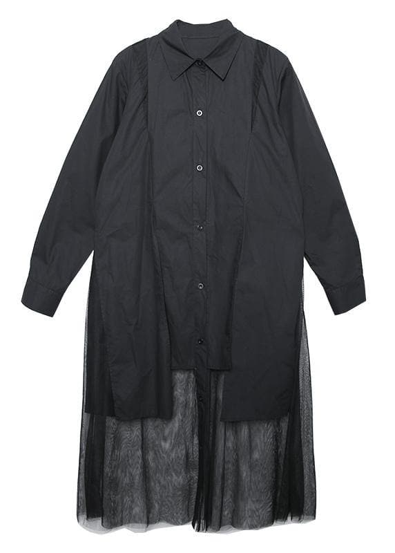 Elegant patchwork tulle cotton tunic pattern Sewing black loose Dress lapel AT-FDL190823
