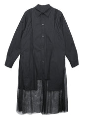 Elegant patchwork tulle cotton tunic pattern Sewing black loose Dress lapel AT-FDL190823