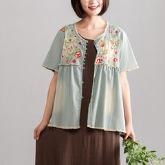 Elegant pure cotton blouse trendy plus size Embroidery Women Summer Short Sleeve Casual Loose Denim Tops STP180712