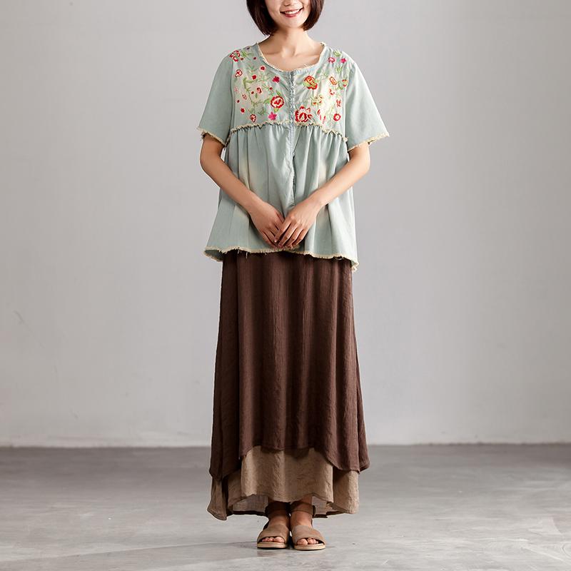 Elegant pure cotton blouse trendy plus size Embroidery Women Summer Short Sleeve Casual Loose Denim Tops STP180712