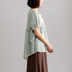 Elegant pure cotton blouse trendy plus size Embroidery Women Summer Short Sleeve Casual Loose Denim Tops STP180712